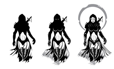 Priestess warrior fantasy silhouettes isolated