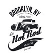 Vintage hot rod vector logo concept isolated on white background. 
Premium quality old sport car logotype t-shirt emblem illustration. Brooklyn, New York street wear superior retro tee print design.