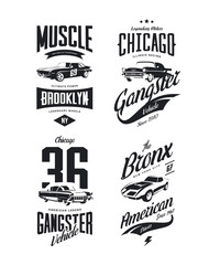 Wall Mural - Vintage classic gangster, muscle car vector tee-shirt logo isolated set.
Premium quality old sport vehicle logotype t-shirt emblem illustration. American street wear superior retro tee print design.