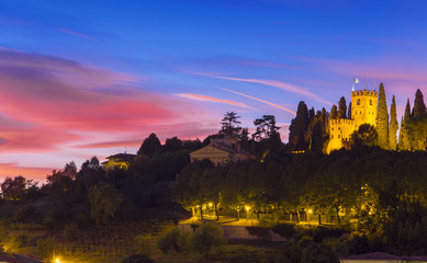 castle of Conegliano at night, after sunset scene. Italy