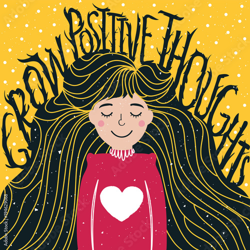 Cuadros en Lienzo Vector illustration with long hair young woman and lettering inspirational quote - Grow Positive Thoughts