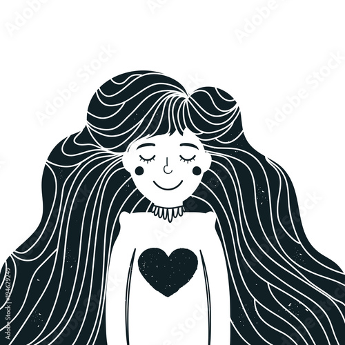 Fotomural Vector illustration with cute long hair young woman with heart.