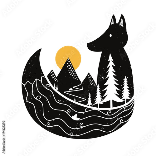 Foto-Schiebegardine Komplettsystem - Vector illustration with fox and nature landscape - pine trees, mountains, trail, sun and bear. Ocean with ship inside the tail. (von julymilks)
