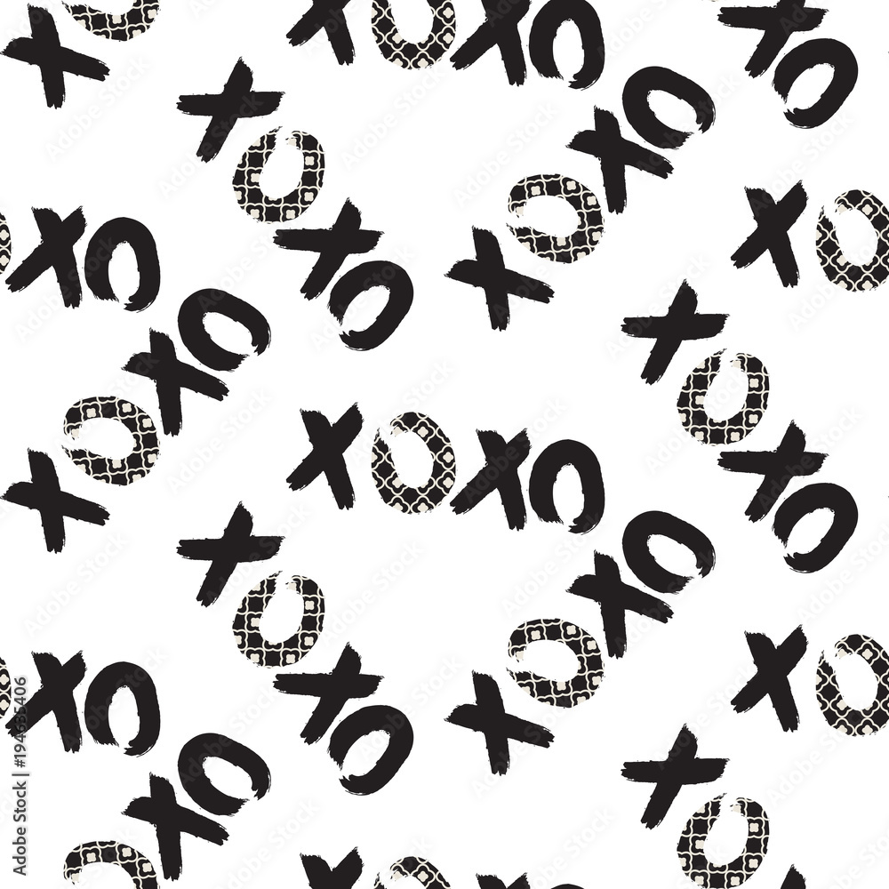 Xoxo seamless vector pattern. Brush stroke black and white repeat  