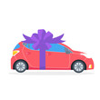 © Tanyasun - Poster with red machine and ribbon. Car gift concept or presentation of  auto for sale, rent,. Flat vector illustration.