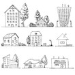 Hand drawn set of different houses. Vector illustration in a sketch style.