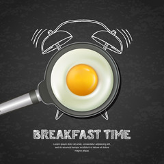 vector realistic illustration of pan with fried egg and hand drawn alarm clock on black board slate 