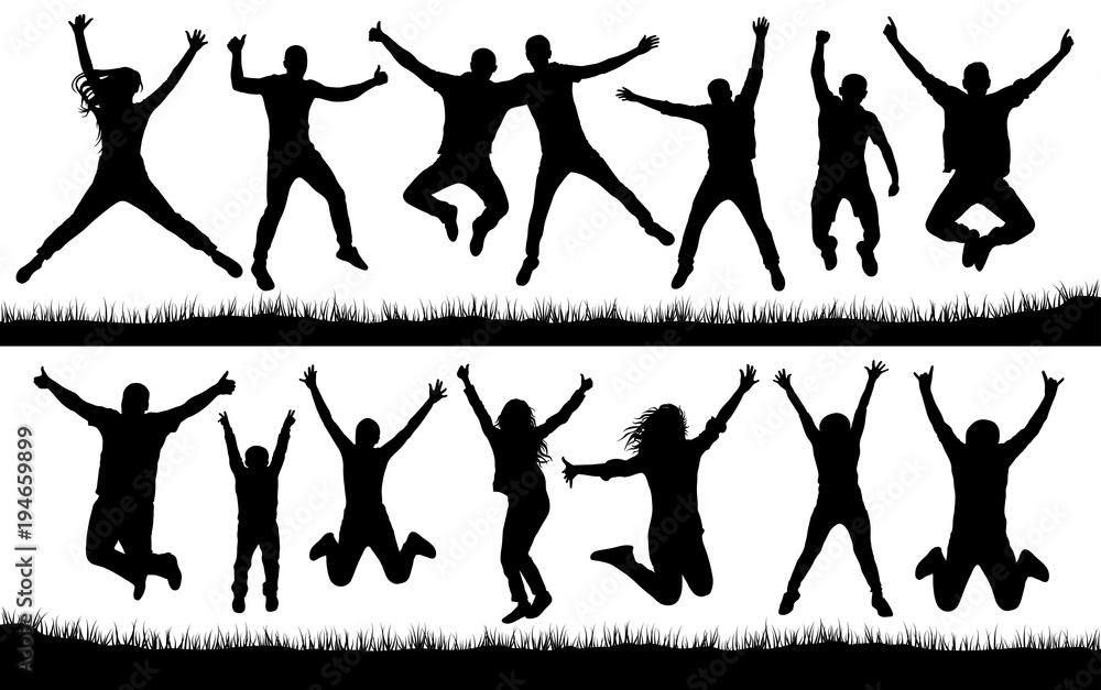 People jumping, friends man and woman set. Cheerful girl and guy silhouette collection vector. Fun Icon - obrazy, fototapety, plakaty 