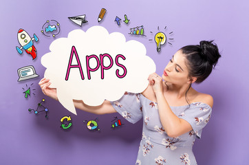 Apps with young woman holding a speech bubble