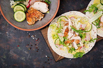 Wall Mural - Healthy mexican tacos with baked chicken breast, cucumber, radish and lettuce. Flat lay. Top view