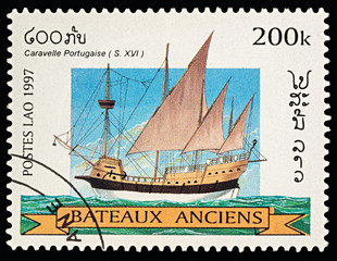 Sticker - Ancient Portuguese Caravel (16th-century) on postage stamp