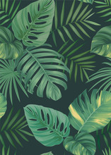 Tropical Seamless Pattern With Palm Leaves Background. Vector Set Of Exotic Tropical Garden For Holiday Invitations, Greeting Card And Fashion Design.