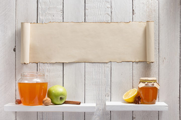 Wall Mural - glass jar of honey on wooden shelf