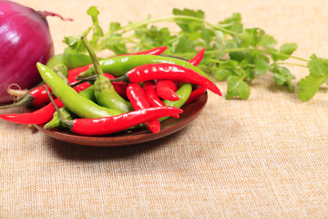 Poster - Red pepper, green chilli, peppercorns, coriander and onion, food background