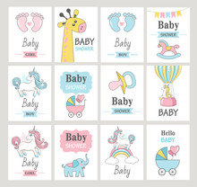 Set Of Baby Shower Cards. Vector Illustrations