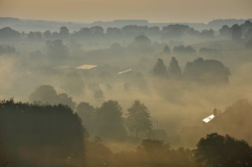 Wall Mural - Chassepierre brouillard lumiere soleil brume semois Belgique Wallonie eglise