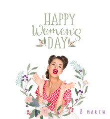 Wall Mural - happy women`s day greeting card with emotional young woman in retro style clothing isolated on white