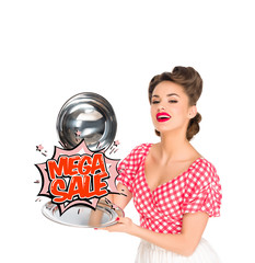 Wall Mural - beautiful young woman in retro clothing with mega sale comic style sign on serving tray in hands isolated on white