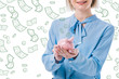 © LIGHTFIELD STUDIOS - cropped shot of woman holding piggy bank in hands, falling dollar banknotes with coins symbols isolated on white