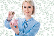© LIGHTFIELD STUDIOS - portrait of smiling businesswoman with piggy bank and coin in hands, falling dollar banknotes isolated on white
