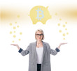 © LIGHTFIELD STUDIOS - attractive elegant businesswoman with bitcoin and piggy bank symbols on white