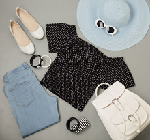 Summer Fashion Set Of Blue Hat, Jeans, Polka-dot Top, Shoes And Backpack, Sunglasses And Bracelets.