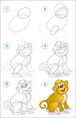 Wall Mural - Page shows how to learn step by step to draw a cute monkey. Developing children skills for drawing and coloring. Vector image.