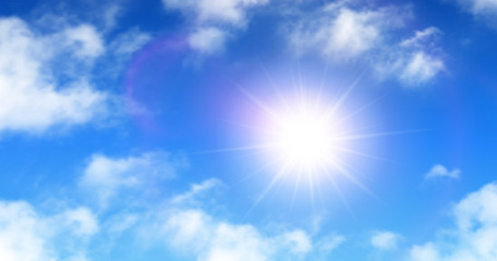 Wall Mural - sunny background, blue sky with white clouds and sun