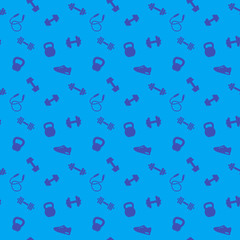 Wall Mural - seamless pattern with gym icons, dumbbells, kettlebells, jumping rope, blue background