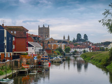 River View Of The River Avon With Mooring Boats In Tewkesbury In Gloucestershire, Great Britain.