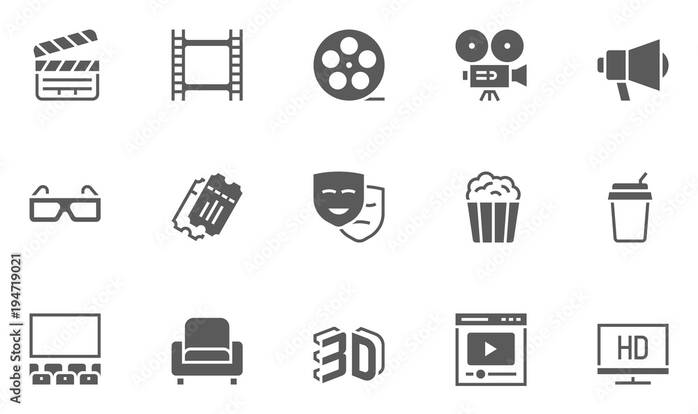 Set of Cinema, Movie and Entertainment Vector Icons with Movie Theater ...