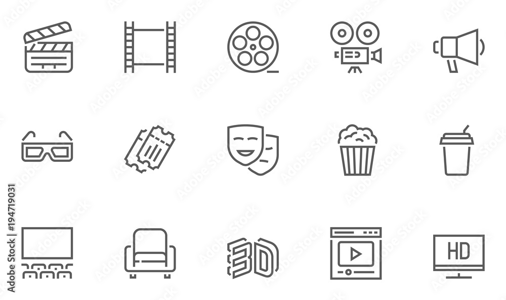 Set of Cinema and Entertainment Vector Line Icons with Movie Theater ...