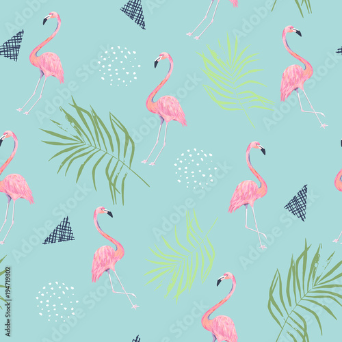 Abstract seamless pattern with flamingo. Summer tropical design. Hand drawn v...