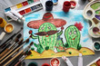 © dyageleva - Cactus family with funny faces in the desert. watercolor
