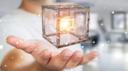 Fototapete - Businessman using futuristic cube textured object 3D rendering