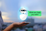 Fototapeta  - artificial intelligence,AI chat bot concept.Man hands holding mobile phone on blurred urban city as background