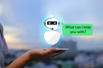 artificial intelligence,ai chat bot concept.man hands holding mobile phone on blurred urban city as 
