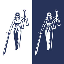 Lady Justice Statue. Justice Goddess Themis, Lady Justice Femida. Stylized Contour Vector. Blind Woman Holding Scales And Sword.  