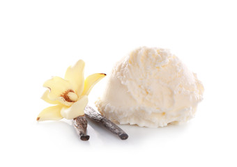 Wall Mural - Ball of delicious vanilla ice cream on white background