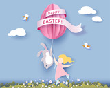 Fototapeta  - Happy Easter card with banny, girl, flowers and egg air balloon on blue sky background. Vector illustration. Paper cut and craft style.