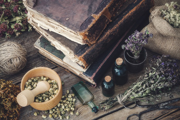 Wall Mural - Tincture bottles, assortment of dry healthy herbs, old books, mortar, scissors on old wooden desk. Herbal medicine. Top view.
