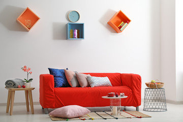 Wall Mural - Living room interior with comfortable red sofa