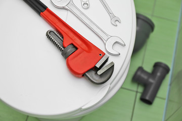 Wall Mural - Plumber's tools on toilet seat lid indoors