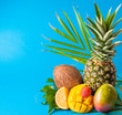 Tropical fruits on turquoise background with leaves of tropical plants. Copy space. Vertical.