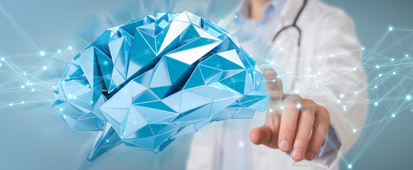 Wall Mural - Doctor holding digital brain interface 3D rendering