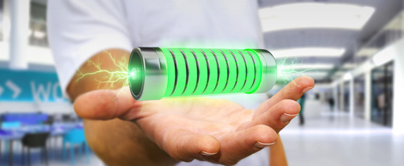 Poster - Businessman using green battery with lightnings 3D rendering