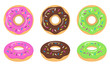 Colorful glazed donut set on white background. Strawberry, chocolate and green glazed donuts. The view from the top and from the side. Vector illustration