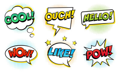 Wall Mural - retro comic speech bubbles set on white background. expression text cool, hello, like, wow, pow, ouc