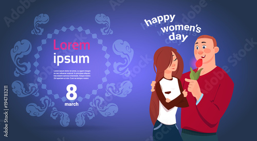 Happy Womens Day Banner With Young Couple Embracing Over Template