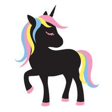 Vector Illustration Of Cute Black Unicorn Silhouette With Multi Colored Hair.